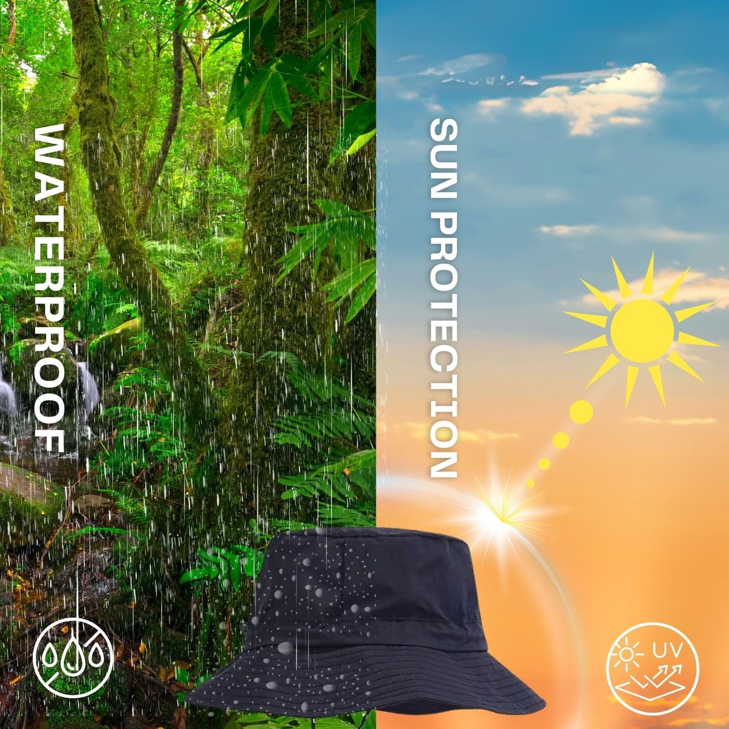 Waterproof Bucket Rain Hat,Foldable Outdoor UV Protection Sun Hats and Quick Dry Boonie Hat for Hiking Khaki