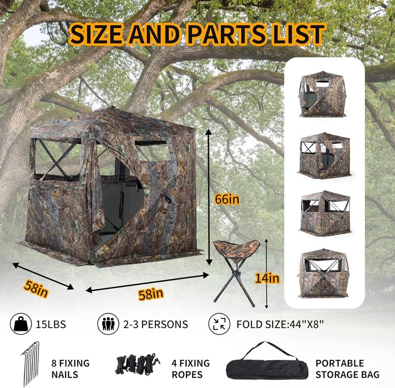 Hunting Blind - 270/360 Degree See-Through Ground Blind with Carrying Bag | Portable Camouflage Tent for 2-4 People