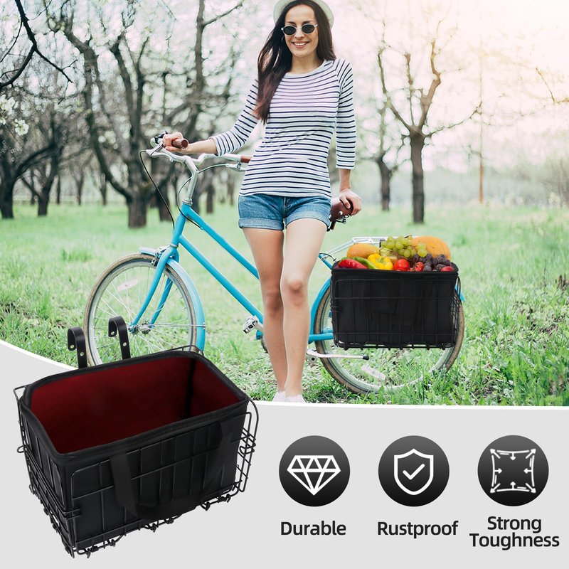 Bike Basket, Foldable Bicycle Basket with Removable Liner Bag, Large Quick Release Design Meta Bike Basket Front for Carrying Dogs, Pets, Fruit, Groceries, Ebike Bicycle Accessories