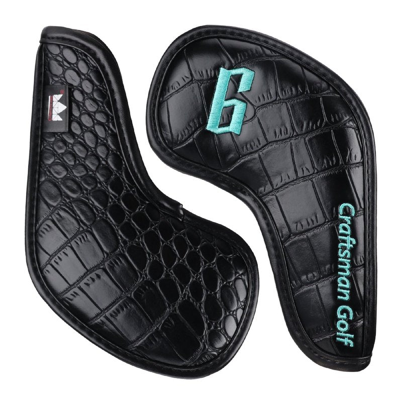 Craftsman Golf Crocodile Pattern Black 11pcs/Set Iron Headcover Set w/Large No. Magic Tape Closure (Black)