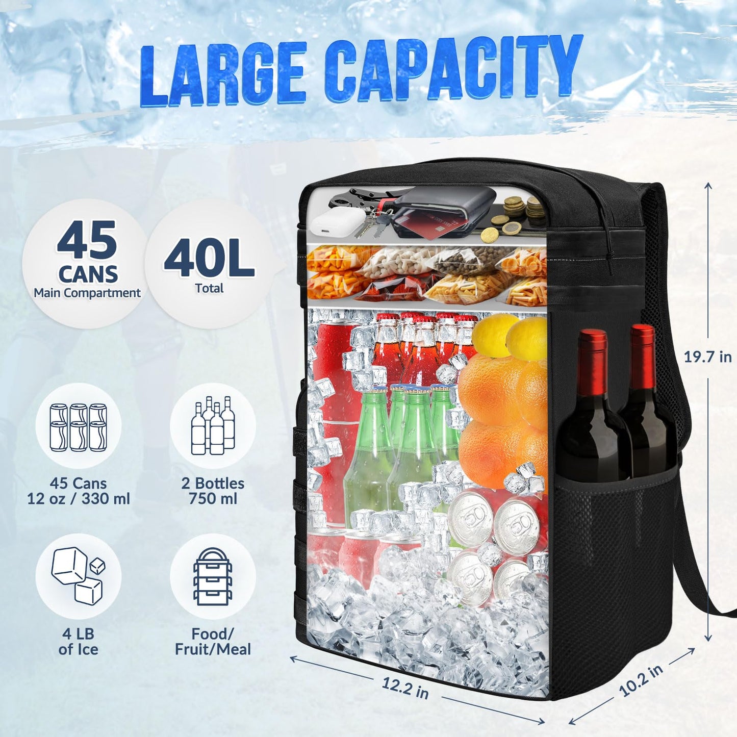 WOTOW Backpack Cooler 45 Cans - Tactical Insulated Soft Cooler Bag for Men Women - Large Capacity Leakproof Back Pack with Widened Top Handle, Cooler Backpack Camping Hiking Picnics Beach (Dark Black)