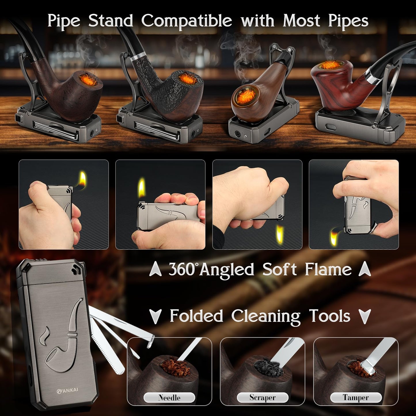 Pipe Set, Complete Wood Pipe Kit – Refillable Butane Lighter with Stand, 3 in 1 Cleaning Tools, 2 Filter Balls, Pipe Bits, 5 Pipe Cleaners, Portable Pouch, Pipe Gift Set for Beginners & Travel