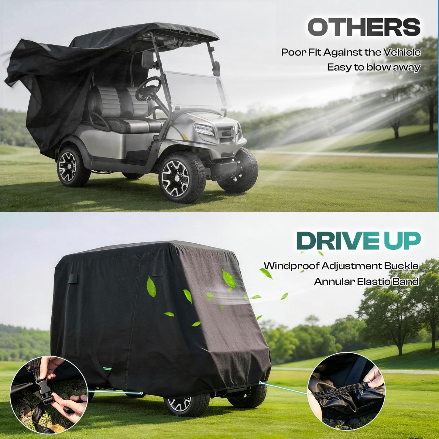 DRIVE UP Golf Cart Cover 2+2/4 Passenger, 420D Heavy Duty Oxford Golf Cart Cover with Three Zipper Doors and Windproof Adjustment Buckle, Waterproof Golf Cart Rain Cover for Most Yamaha EZGO Club Car