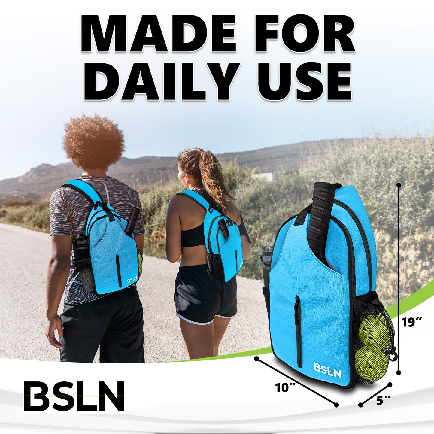 BSLN Pickleball Bag - Pickleball Bags for Women Men, Crossbody Sports Backpack – Adjustable Sling Bag with Hanging Fence Hook(Blue)