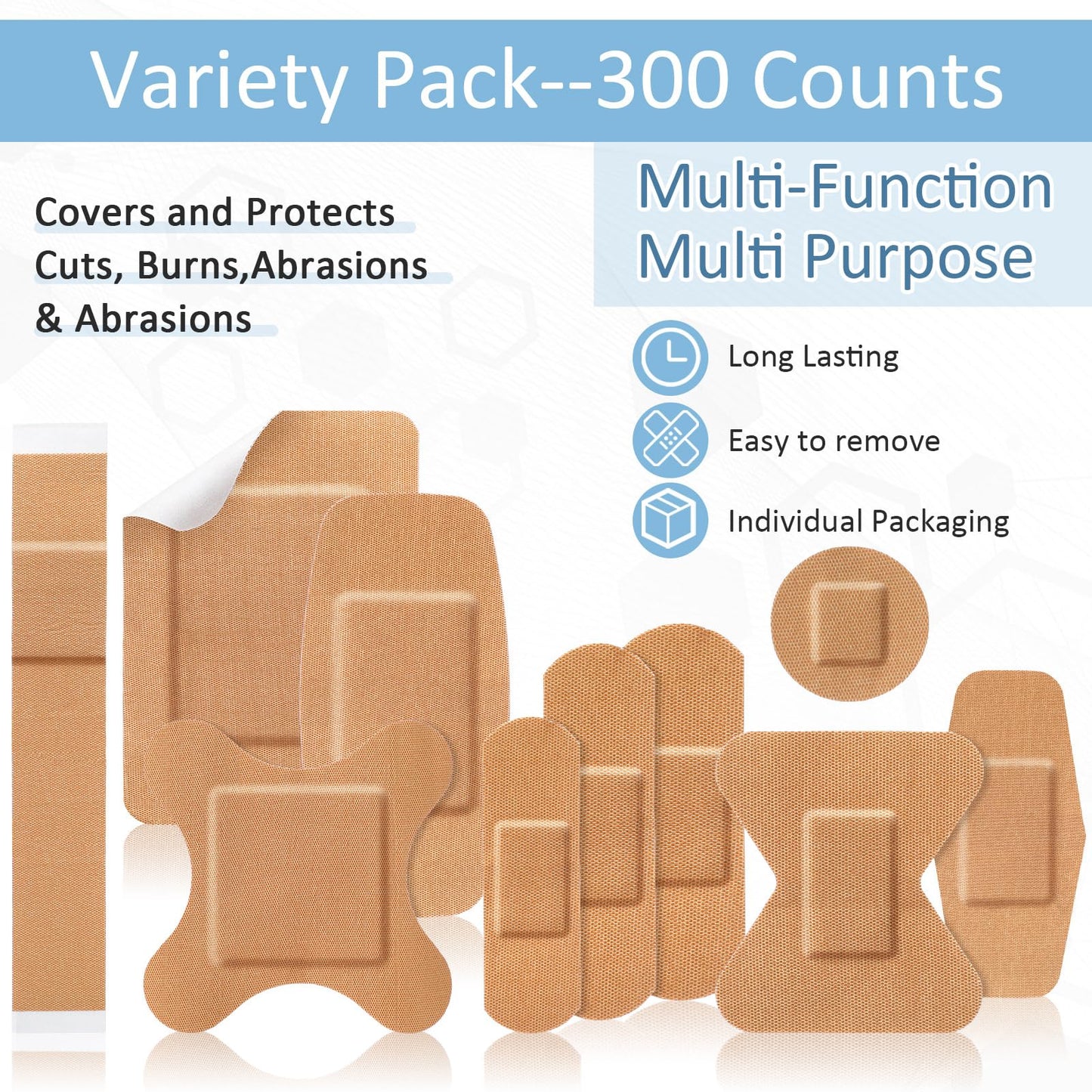 Geiserailie 300 Pcs Adhesive Bandages Family Variety Pack Fabric and Waterproof Assorted Bandages Bulk Sterile Individually Wrapped Bandages for First-Aid, Scrapes, Fingers (Flexible Fabric Bandage)