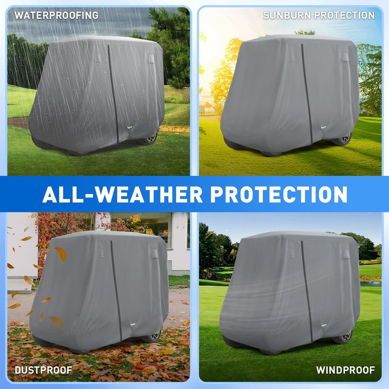 FIXHAWK 2/4 Passenger Golf Cart Cover for Club Car, EZGO,Yamaha Model, 420D PU Oxford Fabrics Waterproof Golf Cart Covers All-Weather Protection Full Cover 3-Zipper (Gray)