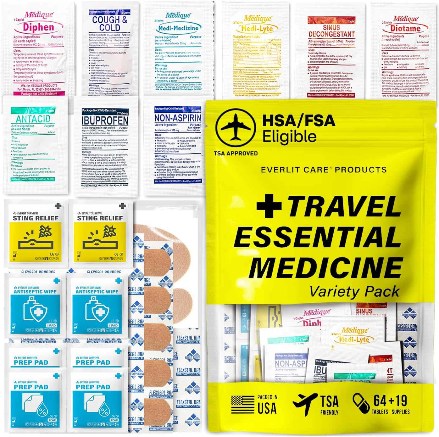 Everlit Travel Essential First Aid Kit - TSA Compliant Mini Medkit for Camping & Travel | Includes 64 Individually Packed Tablets