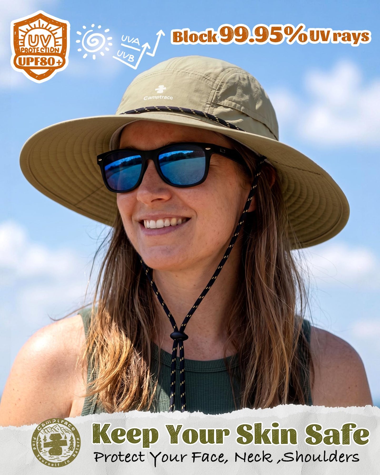 Camptrace Sun Hats for Women Men UPF 80+ Wide Brim Bucket Hat Foldable, Adjustable for Hiking, Gardening, Travel Khaki