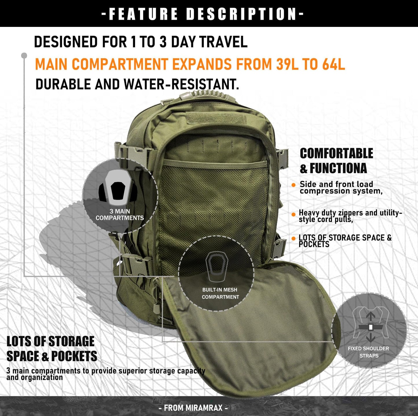 Miramrax Tactical Backpack Military Army Daypack - Assault Pack for Men Molle Backpacks Bug Out Bag 3 Day Pack for Hiking Camping Travel Hunting Rucksack Trekking Green