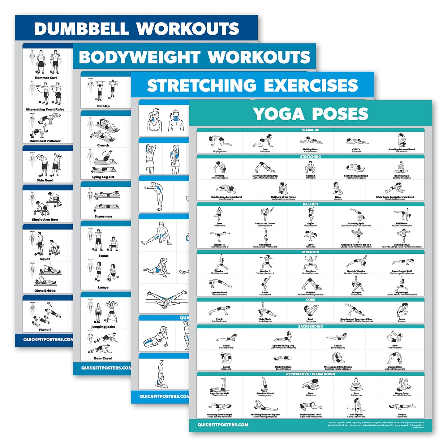 Palace Learning 4 Pack - Dumbbell Workouts + Bodyweight Workouts + Stretching Exercises + Yoga - Set of 4 Workout Charts (18” x 24”, LAMINATED)