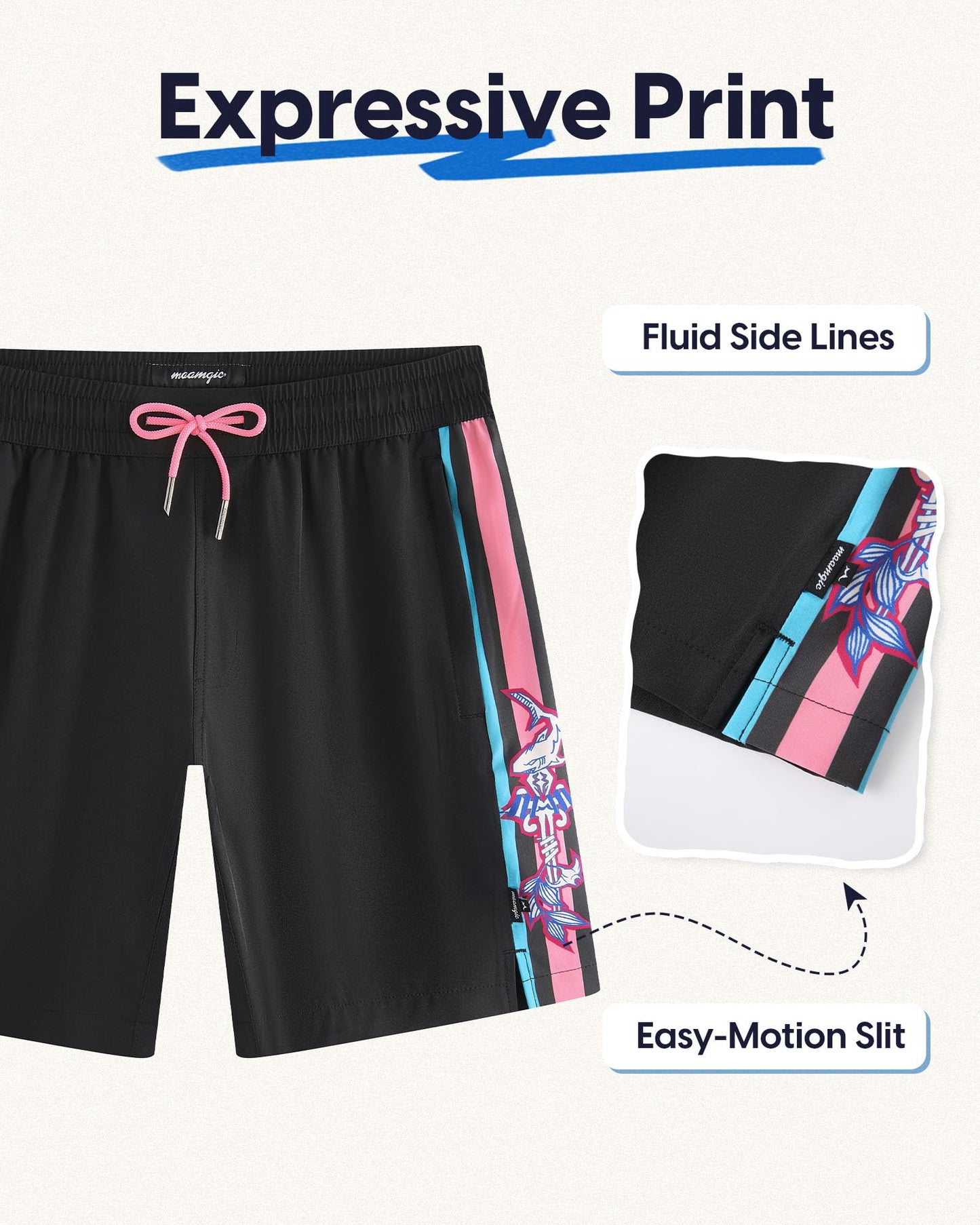 maamgic Mens Swim Trunks - Mens Bathing Suit with Compression Liner 7 Inch Quick Dry Fshion Stretch Zipper Pockets Swimwear Black-Pink-Shark