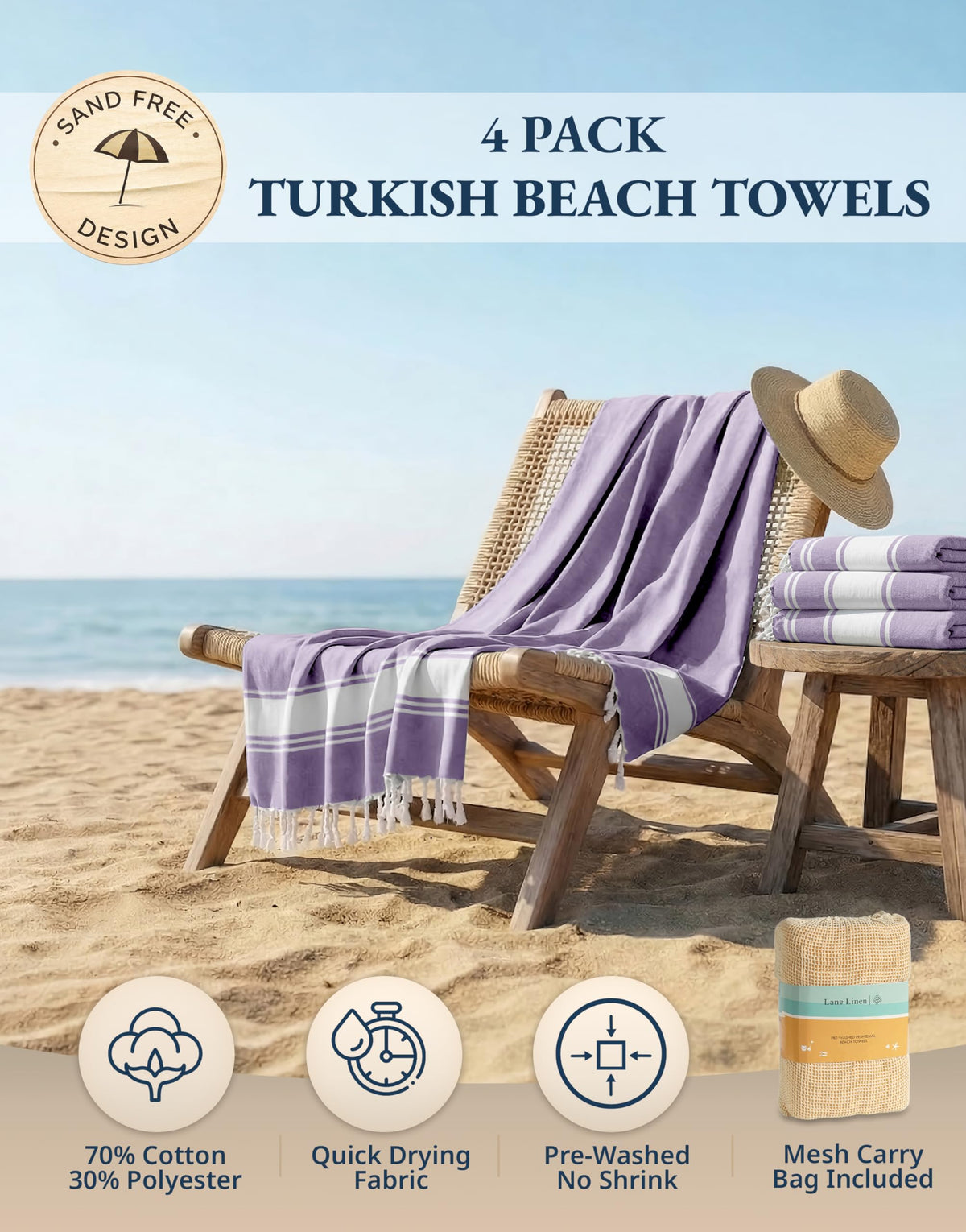 LANE LINEN Beach Towels 4 Pack Oversized - Turkish Towel Set, Pre-Washed Oversized Beach Towel, Quick Dry Beach Towels for Travel, Beach Towel Large, 39"x71" - Regal Orchid