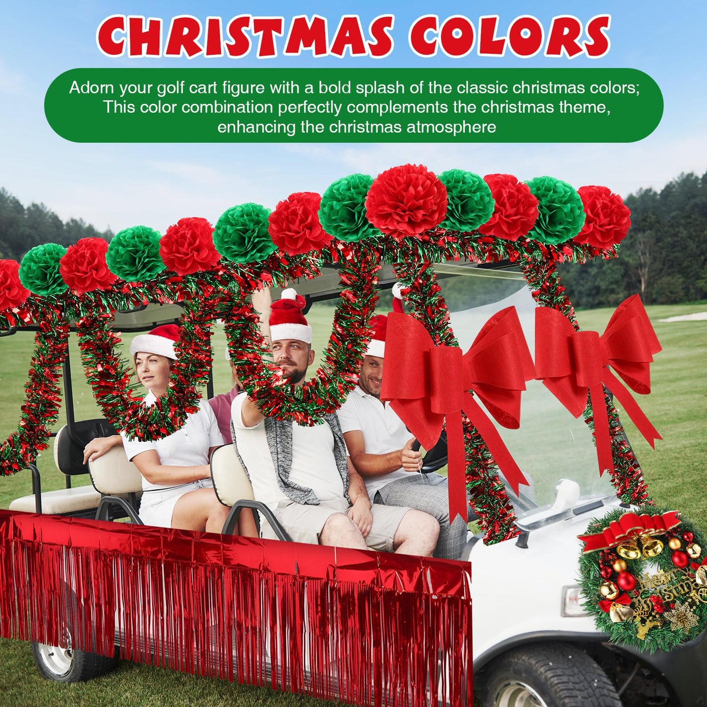 Suncalla 16 Pcs Christmas Golf Cart Decorations Christmas Wreath Red Foil Tinsel Banner Red Green Tissue Paper Pompoms Tinsel Garland Jumbo Bow Decoration for Golf Cart Party Supplies Decor