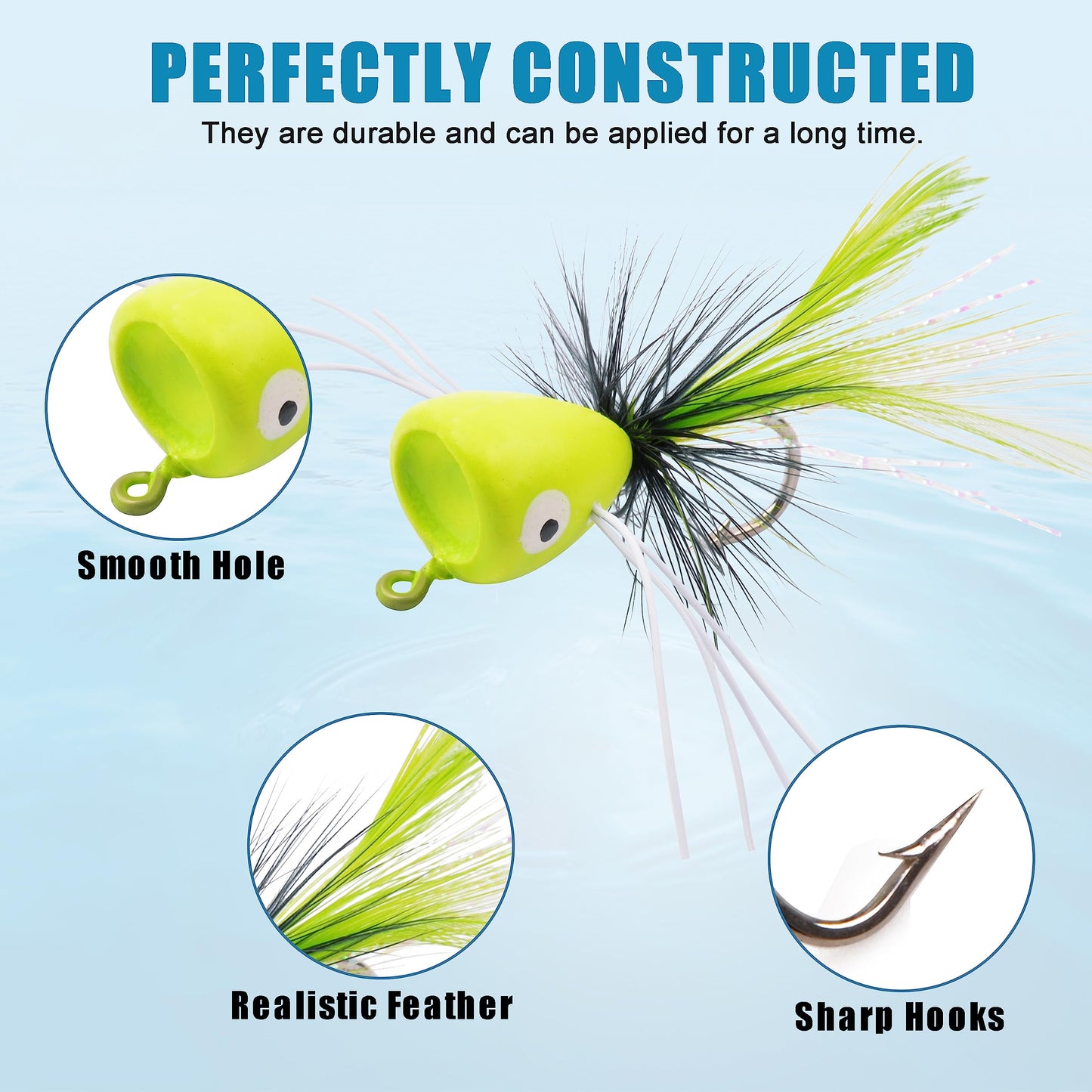 Fly Fishing Popper Flies Kit,15pcs Bass Poppers Lures Dry Flies Fly Fishing Popper Lures Panfish Bluegill Poppers Fly Lure Baits with Hooks for Freshwater Saltwater