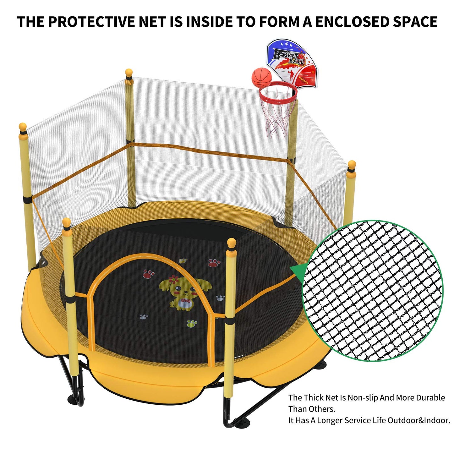 5FT Trampoline for Kids Toddler Indoor Trampoline with Safety Enclosure Net, Mini Basketball Hoop, Jumping Mat for Home Entertainment Equipment Outdoor Backyard Games (Yellow)