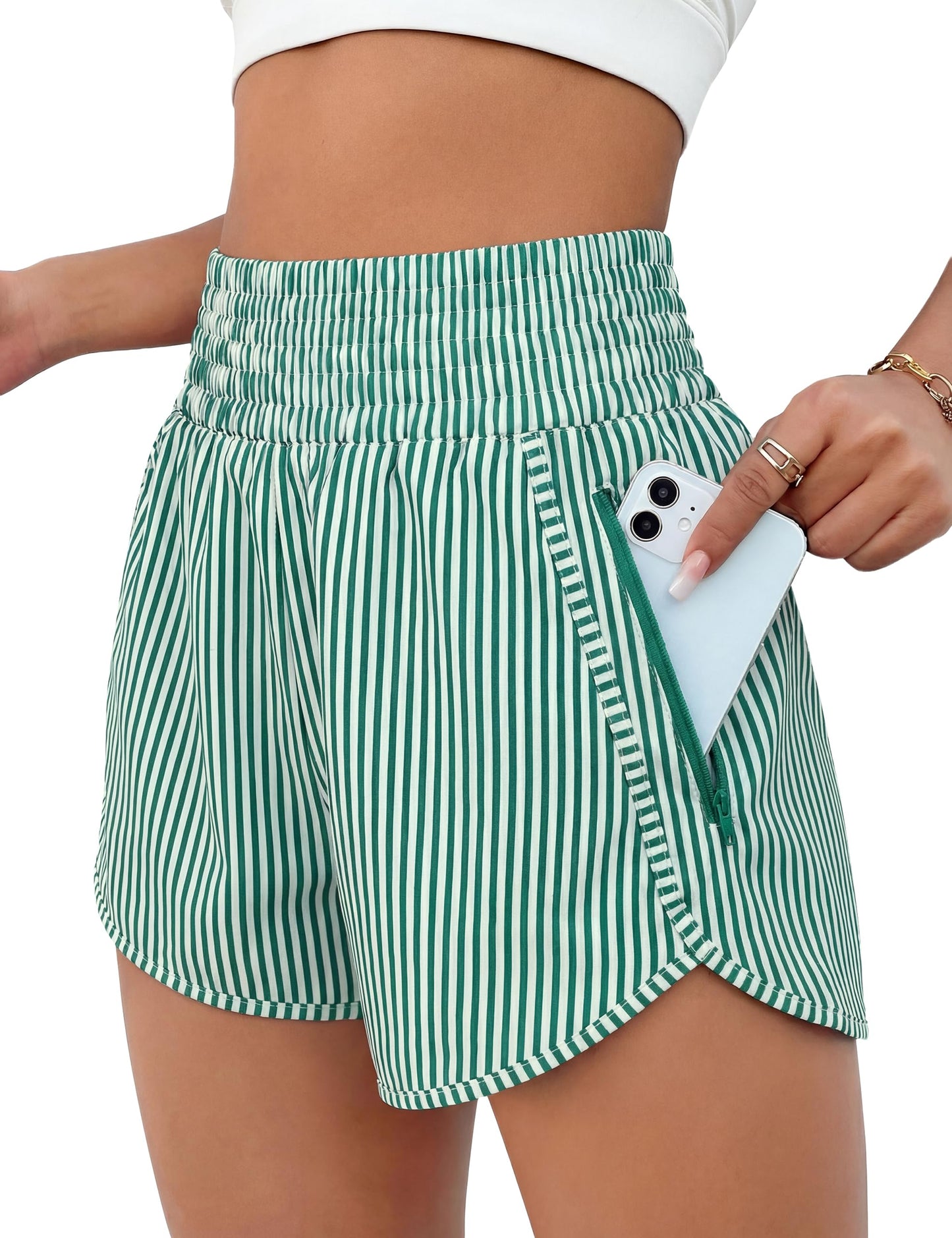 BMJL Women's Athletic Shorts High Waisted Running Short Pocket 2.5" Sporty Shorts Gym Elastic Workout Shorts(L,Green Striped)