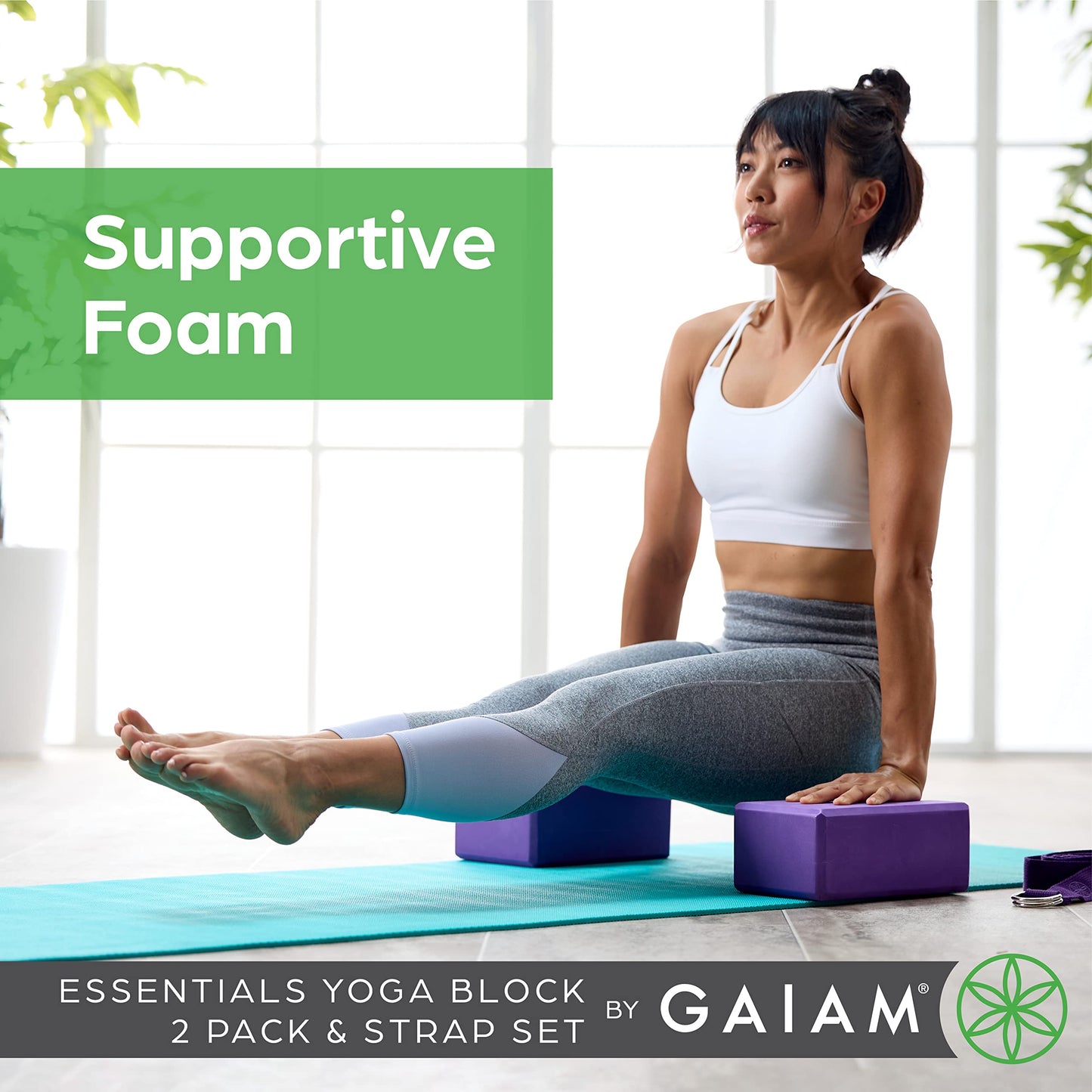 Gaiam Essentials Yoga Block 2 Pack & Yoga Strap Set, Deep Purple, 9"W x 6"H x 4"D