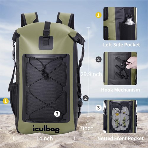 Iculabg Waterproof Bags for Travel Kayaking Boating Beach Camping Large Dry Bags Waterproof Backpack for Women Men Armygreen 30L/40L