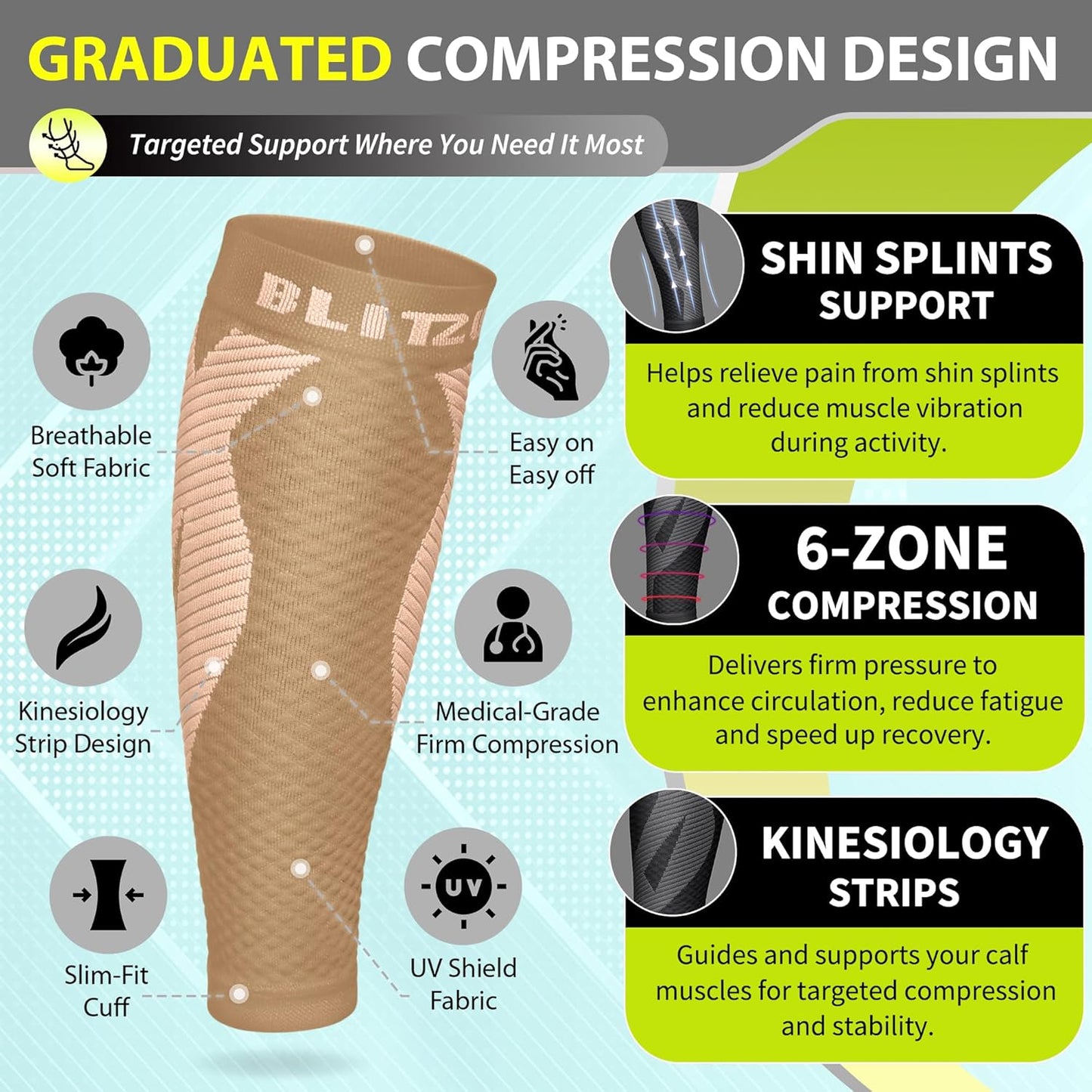 Calf Compression Sleeve for Men & Women - Footless Support for Shin Splints & Pain Relief | Ideal for Runners