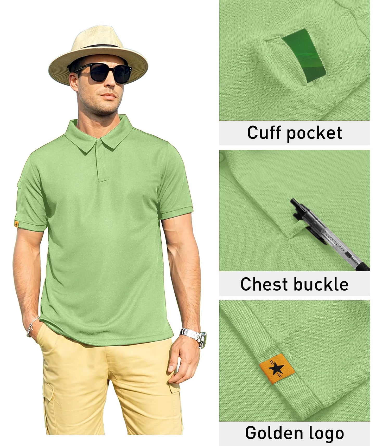 ZITY Mens Polo Shirt Short Sleeve Sports Tactical T-Shirt Athletic Golf Polos Daily Casual Stylish Collared Shirts for Men Light Green Large