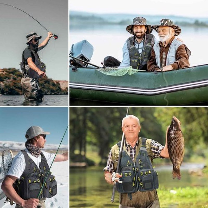 Gonex Fly Fishing Vest for Men Women, Comfortable Adjustable Fishing Vest with Multi-Pockets Reflective Stripes, Gray+Yellow