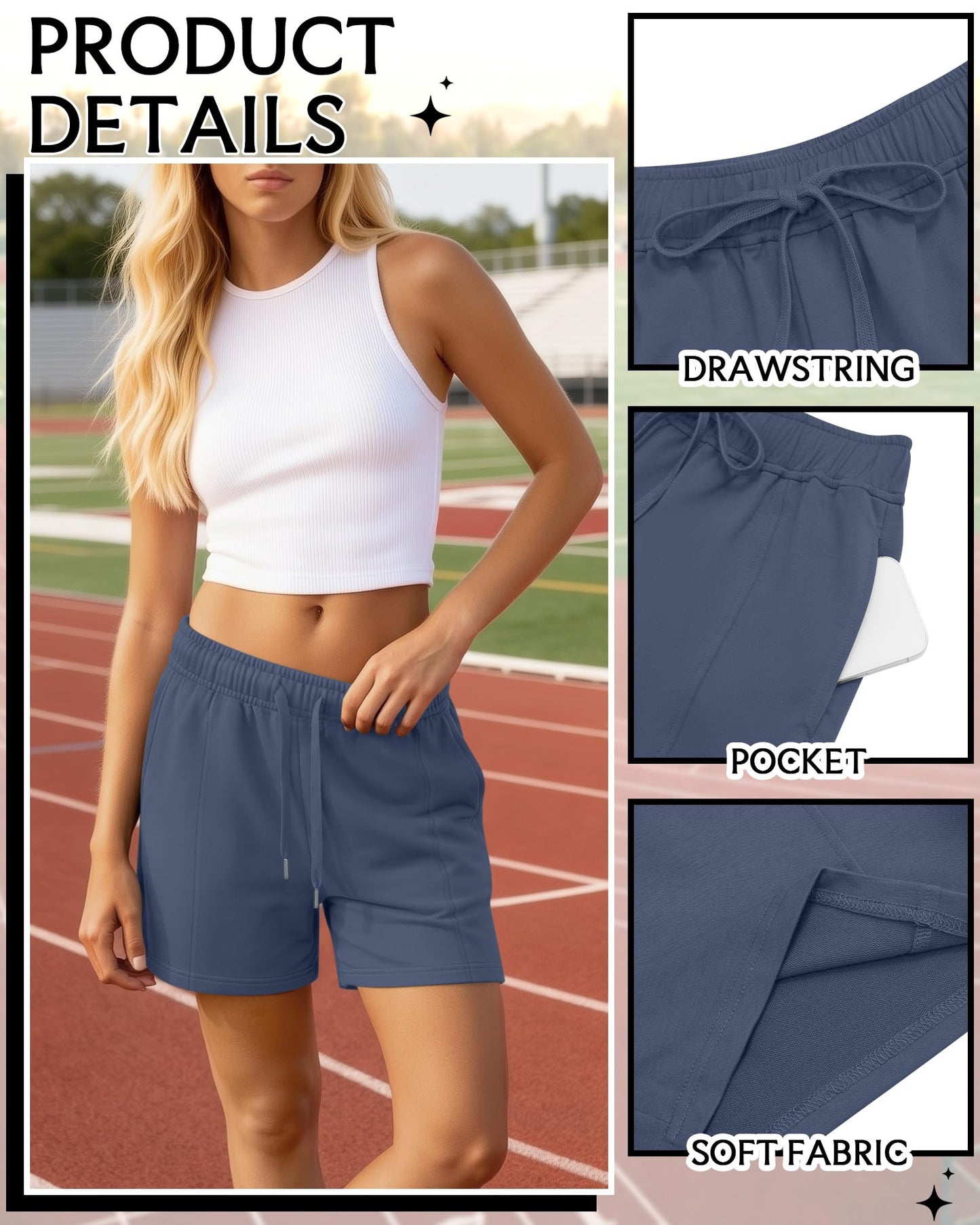 JoyMotion 3 Pack Women's Sweat Shorts Drawstring Elastic Waist Casual Shorts Athletic Comfy Lounge Pants with Pockets(Black, Haze Blue, Light Mixed Gray,Large)
