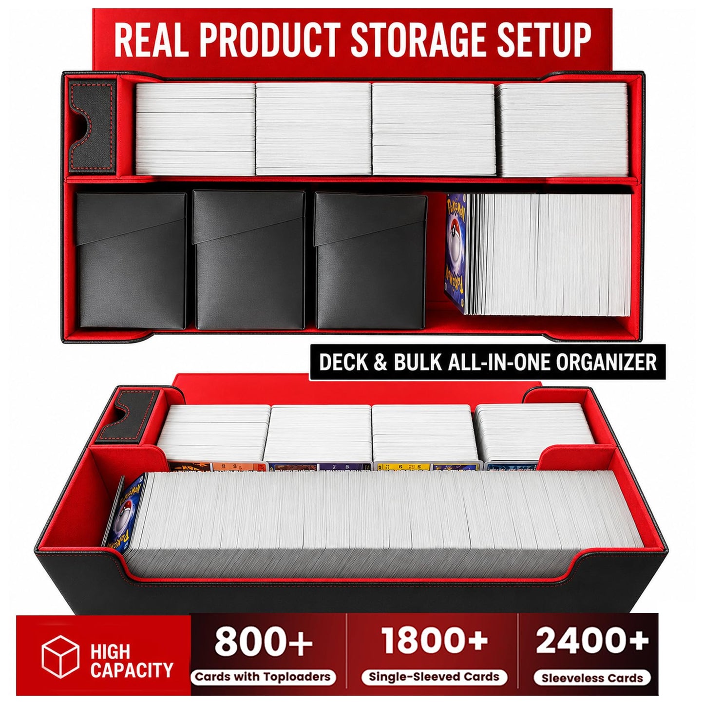 Scimi Premium Trading Card Storage Case with 5 Individual Deck Cases, Large MTG Commander Deck Box Holds 1800+ Cards, PU Leather Organizer for TCG & Sports Card Collections (Black & Red)