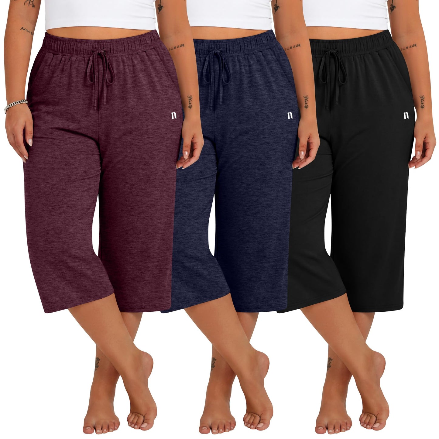 Neer 3 Pack Women's Plus Size Capris,Wide Leg Loose Pants Casual Drawstring Capri Sweatpants Drawstring Pants with Pockets(Black, Wine Red, Midnight Blue,3X-Large)