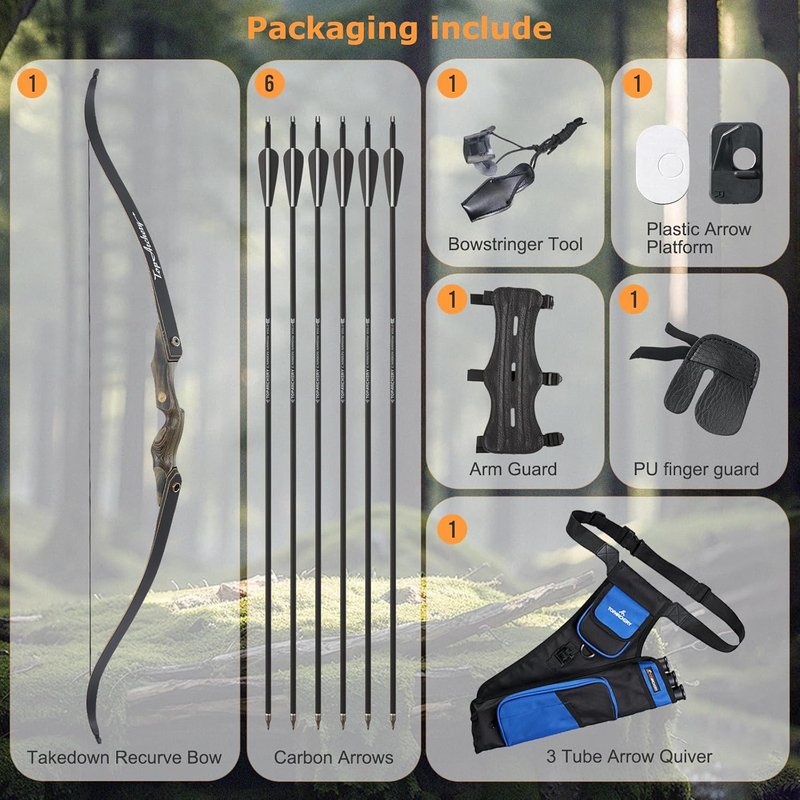 60'' Archery Recurve Bow and Arrow Set - Right Hand 30-50lbs for Adult Target Practice | Includes 6 Fiberglass Arrows