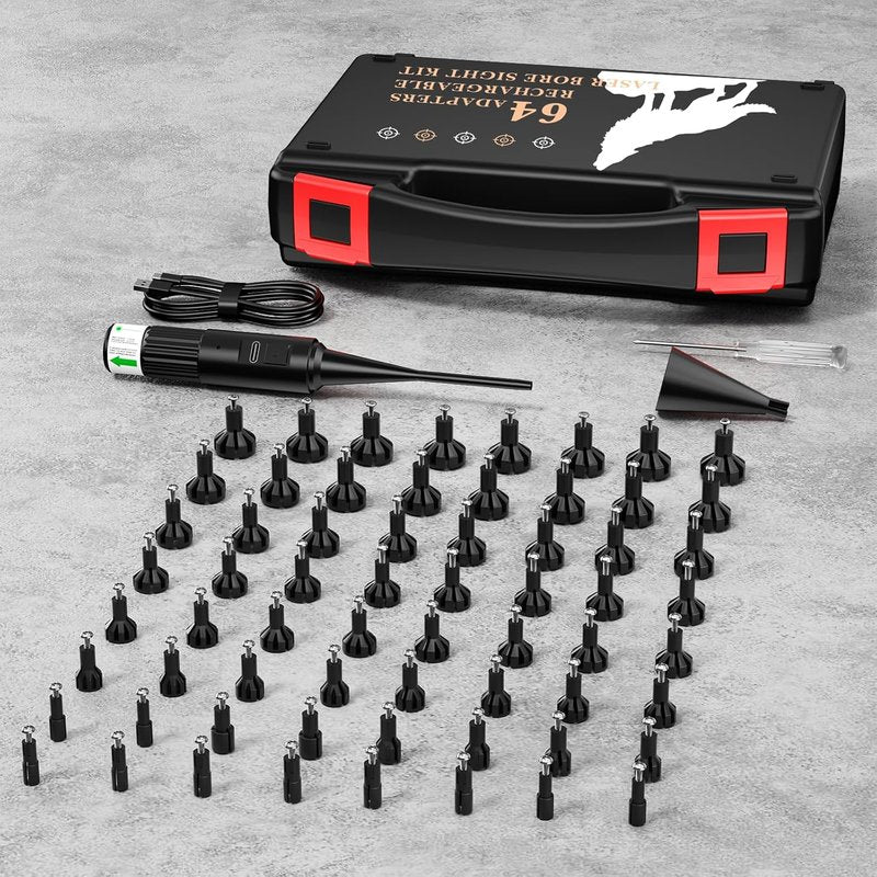 USB Rechargeable Green Laser Bore Sight Kit - 64 Adapters for 0.17 to 12GA Calibers | Precision Alignment Tool for Guns, Rifles, and Pistols