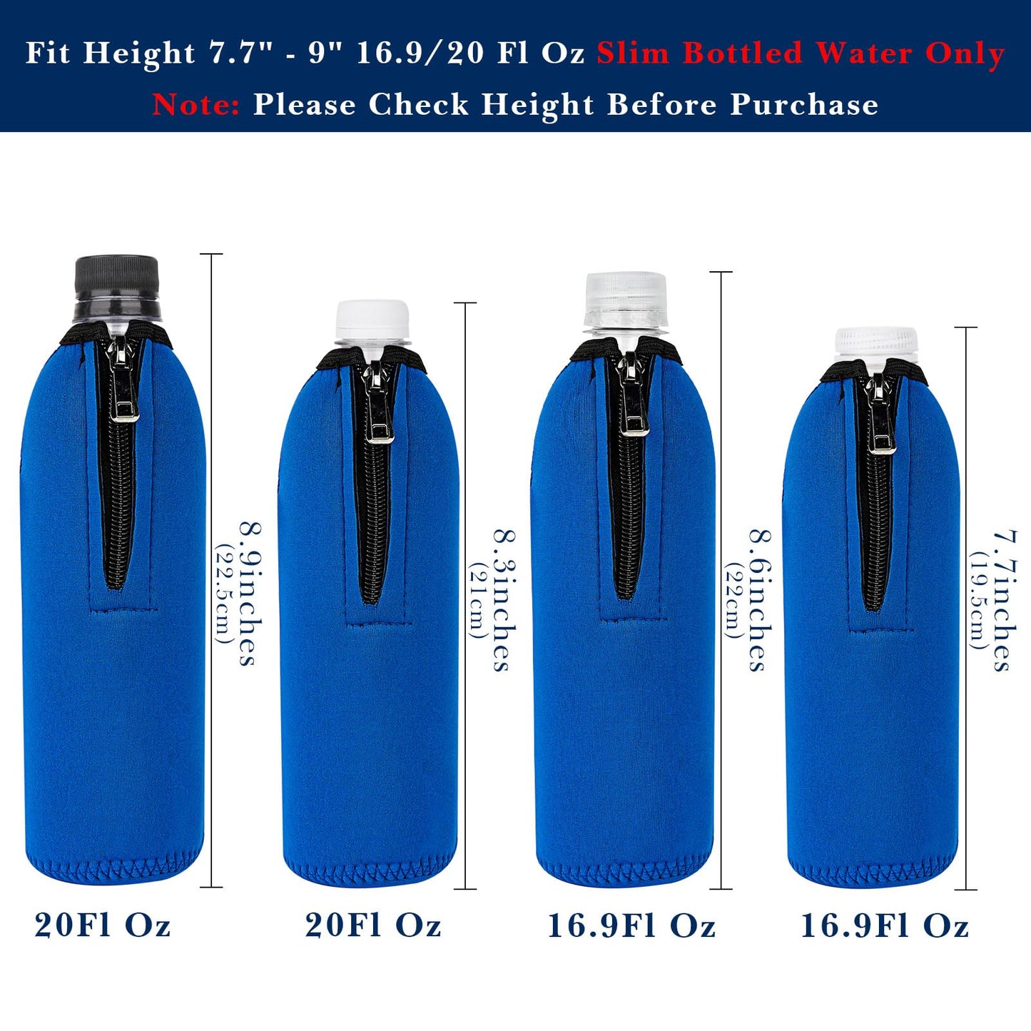 Linkidea Disposable Water Bottle Sleeve Compatible with Smartwater 16.9/20Fl Oz, Evian 16.9Fl Oz, Insulated Neoprene Plastic Bottled Water Cover with Lockable Zipper (2 Pack/Blue)