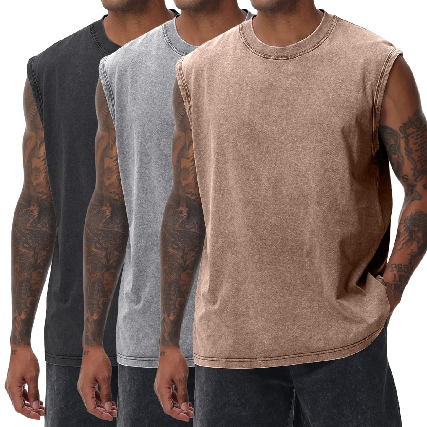 Yimoon Mens Tank Tops Workout Sleeveless Shirts Cotton Acid Wash Tees Loose Gym Muscle Shirts(BlackGreyKhaki-XL)