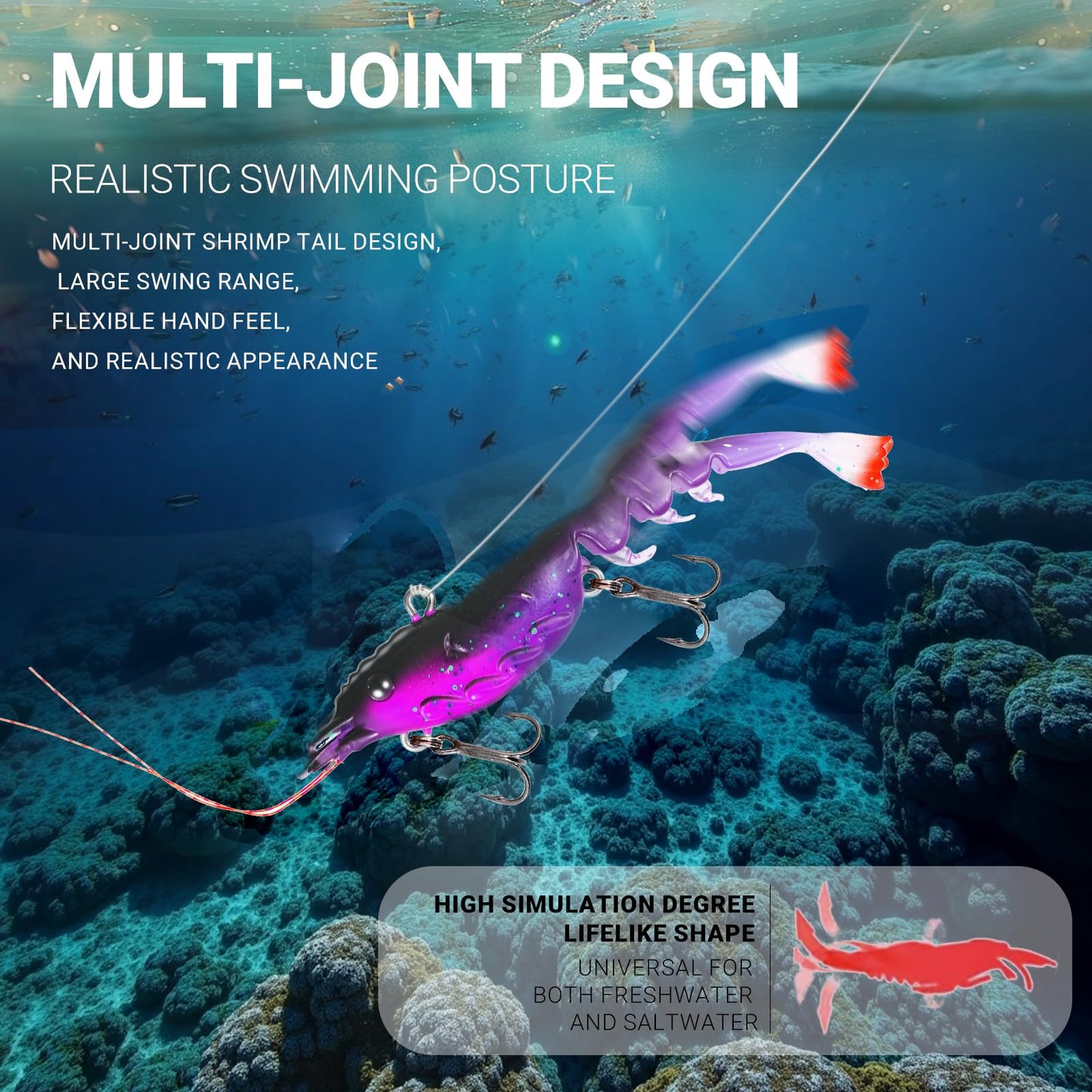 AQUAVEXIS 4pcs Fishing Lures Shrimps baits Pre-Rigged Fish Jigs - Soft Lure Bass Trout Lifelike Shrimp Crayfish Swimbait