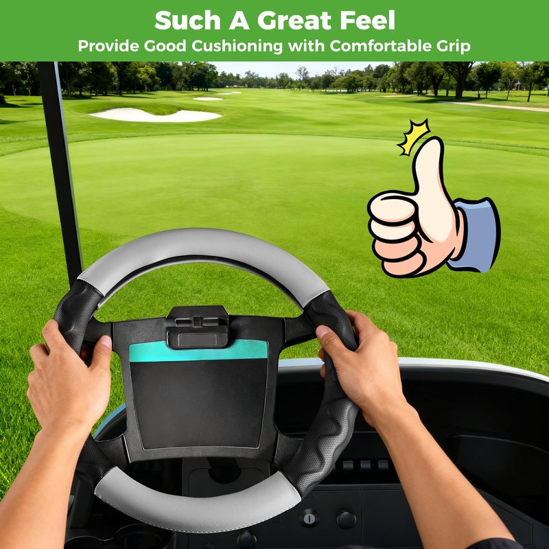 10L0L Golf Cart Steering Wheel Cover 14 inch for Club Car DS Precedent and Yamaha Models, PU Leather Rubber Anti-Slip Grip, Breathable All-Season Protector, Black+Grey