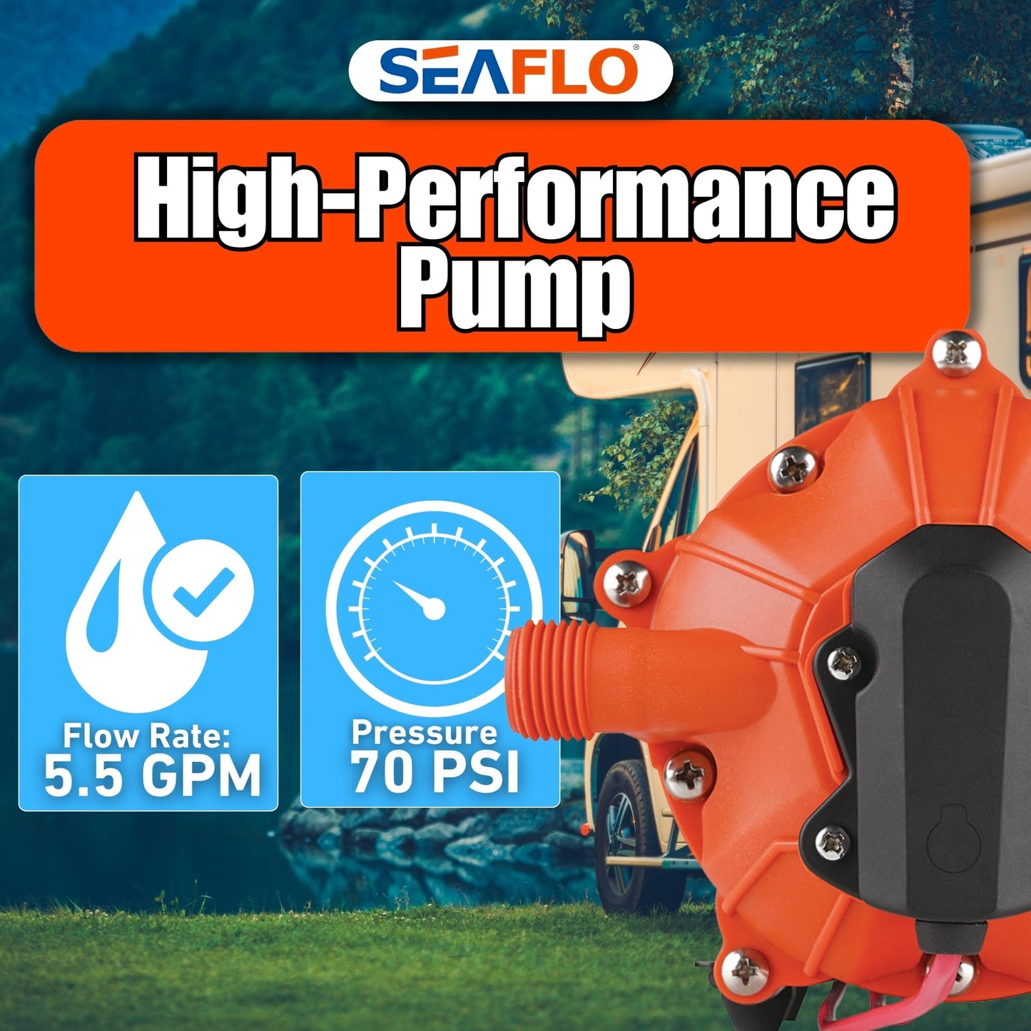 SEAFLO 55-Series Washdown Pump Kit - 12V DC, 5.5 GPM, 70 PSI, Self-Priming, Coiled Hose, Spray Nozzle, High Flow for RV, Boat, Off-Grid, Freshwater, and Saltwater Applications 4-Year Warranty