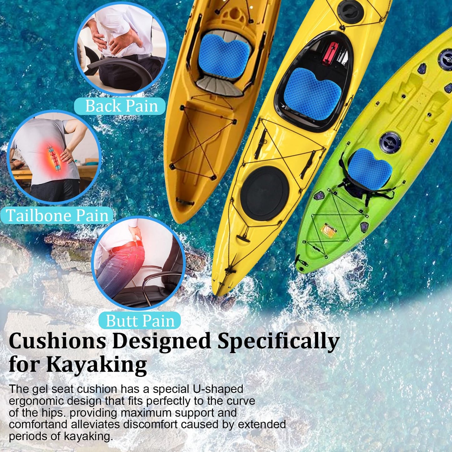 NEW-Vi Anti-Slip Kayak Seat Cushion - Waterproof Thicken Gel Boat Kayak Canoe Rowing Stadium Pad for Sit in Kayak Chair Lifetime Kayak Accessories Equipment Gear for Fishing Kayak,Blue