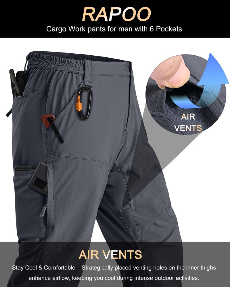Rapoo Hiking Pants for Mens with Pockets Comfy Lightweight Waterproof Quick Dry Travel Track Outdoor Summer Camping Thin Fishing Work Cargo Pants Grey 32Wx32L