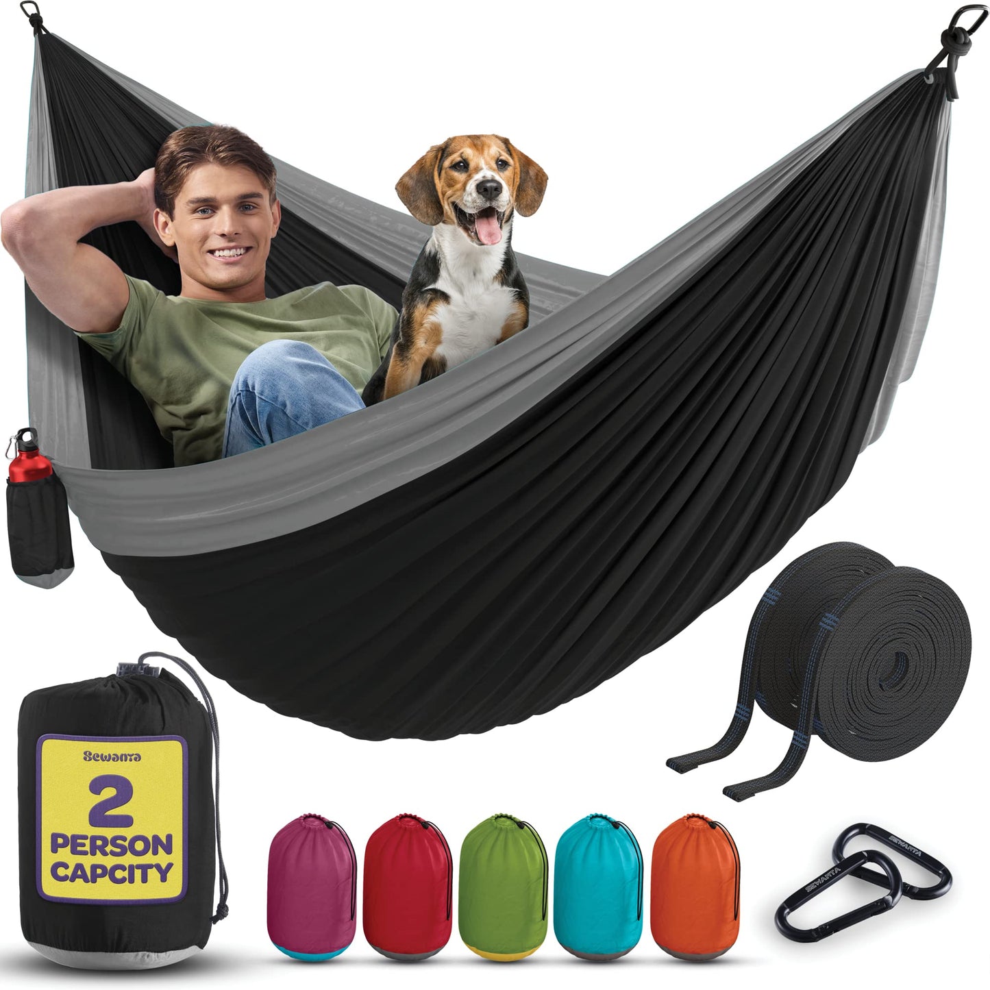 Durable Hammock 500 lb Capacity, Nylon Camping Hammock Chair - Double or Single Sizes w/Tree Straps and Attached Carry Bag - Portable for Travel/Backpacking/Beach/Backyard (Large, Black & Light Grey)