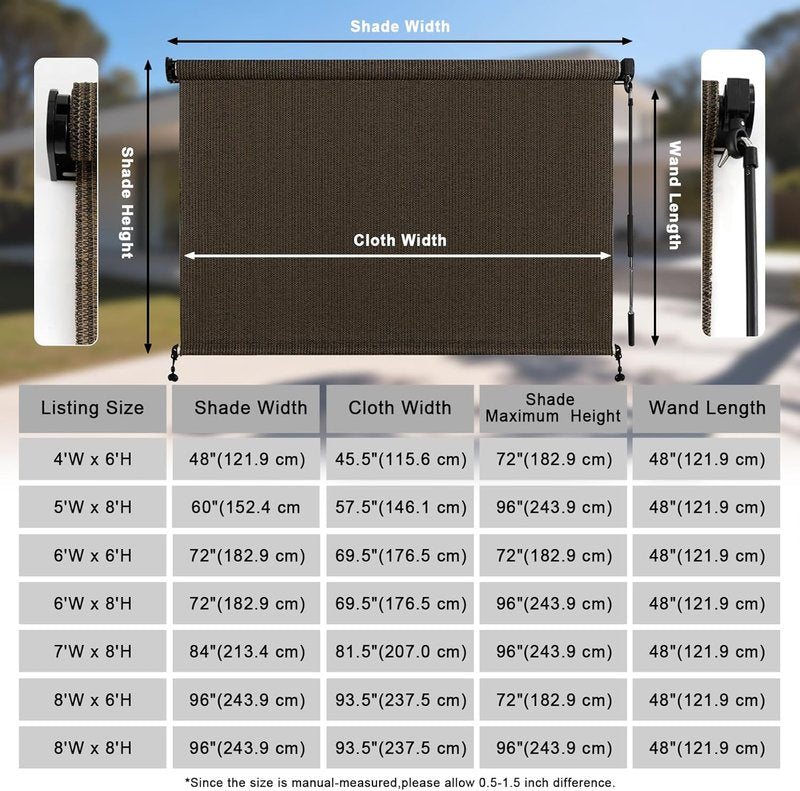 Outdoor Roller Shade - Cordless Patio Roll Up Blinds for Porch & Gazebo | 4' W x 6' H, Mocha