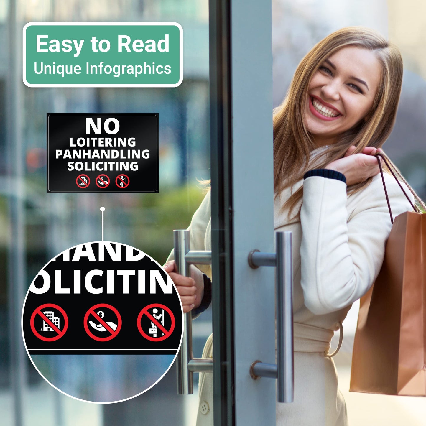 Super Sticky, 3 in 1 Design, No Soliciting, No Loitering and No Panhandling Sticker With Infographics, Weatherproof for Indoor or Outdoor Use, 5in x 7in Size is Perfect Sign for any Business or Office