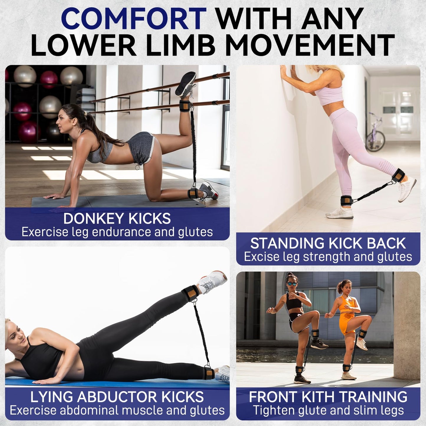 Ankle Resistance Bands with Cuffs Leg Strength Bands for Women Glutes Hip Building Exercise Bands for Working Out Fitness Yoga Martial Arts Ankle Straps for Butt Lift Exercise Equipment (Purple-50lb)
