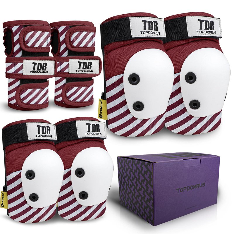 TOPDOMRUS Skateboard Knee Pads & Elbow Pads for Kids - Roller Skating Protective Gear Set (Red/White, X-Small)