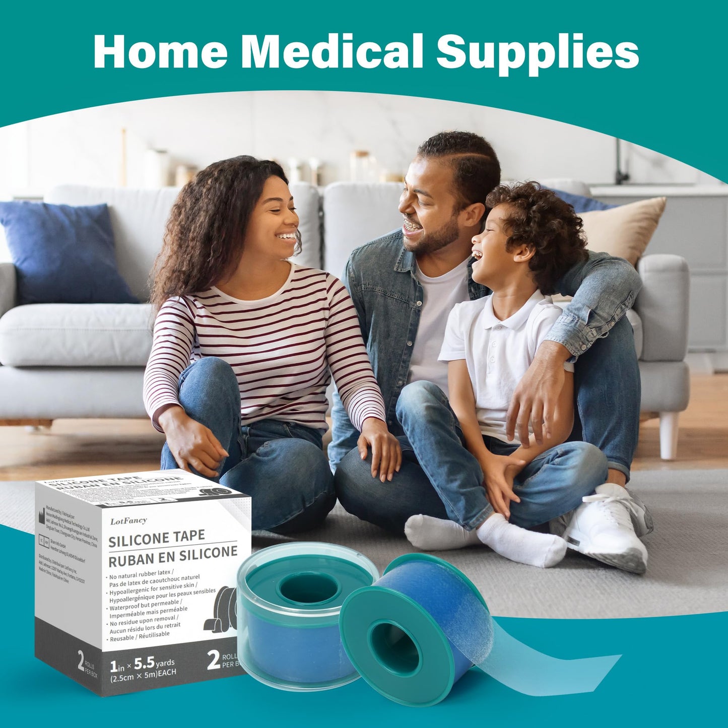 LotFancy Medical Silicone Tape, 2Rolls 1”×5.5 Yds, Waterproof Adhesive Surgical Tape, Soft Skin Tapes for First Aid, Wound, Bandage and Sensitive Skin