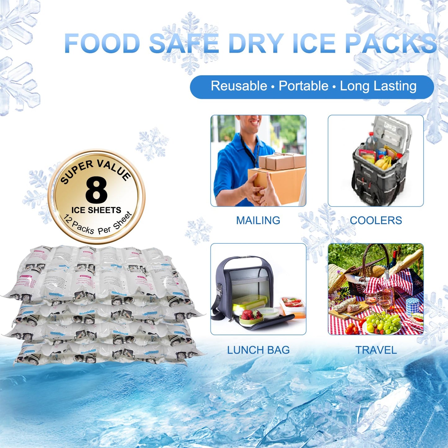 RAINBOW Dry Ice Packs for Shipping Long Lasting (8 Sheets, 12 Packs/Sheet), Reusable Lightweight Food Ice Pack Sheets for Lunch Boxes or Coolers, Shipping Frozen Food, 7" X 13" – Cut to Any Size