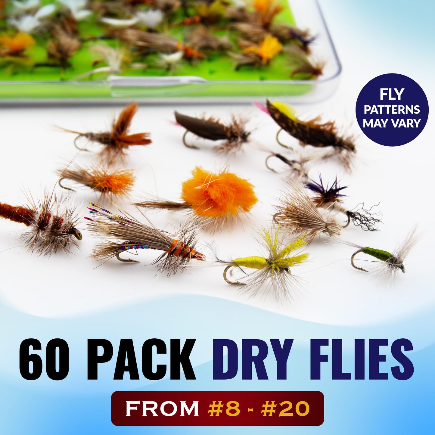 RoxStar Lures Dry Fly Assortment for Trout | 60 Hand Tied Fishing Flies | Match the Hatch Variety Pack | Sizes #8–#20 | Proven River, Stream & Lake Patterns
