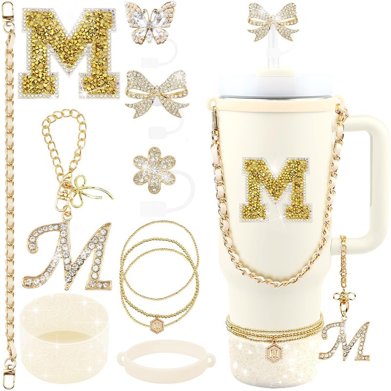 Hpebl 11PCS Gold for Stanley Cup Accessories Set 30/40 OZ Bling Rhinestones Bow Initials Charms for Stanley Decorations Tumbler Accessories Including Butterfly Straw Toppers, Tumbler Boot（Letter M）