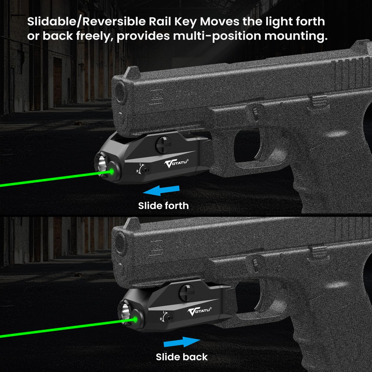 VOTATU G2L-G Pistol Light Laser Combo, 1000 Lumens Strobe Function Flashlihgt and Green Laser Sight, Adjustable Rail Keys Compatible with GL and Picatinny Rail, Low Profile Rechargeable Weapon Light