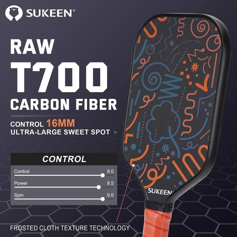 Sukeen T700 Carbon Fiber Pickleball Paddle, 16mm Pickleball Paddles with Great Grit & Spin, Pickleball Paddles Carbon Fiber Surface, 5.5" Elongated Handle, Large Sweet Spot, 2 Pickleball Balls