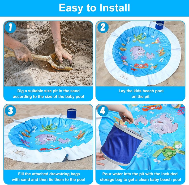 Baby Beach Pool - 7.2x7.2 Feet Kiddie Paddling Pool & Blanket | Portable Water Bag Included