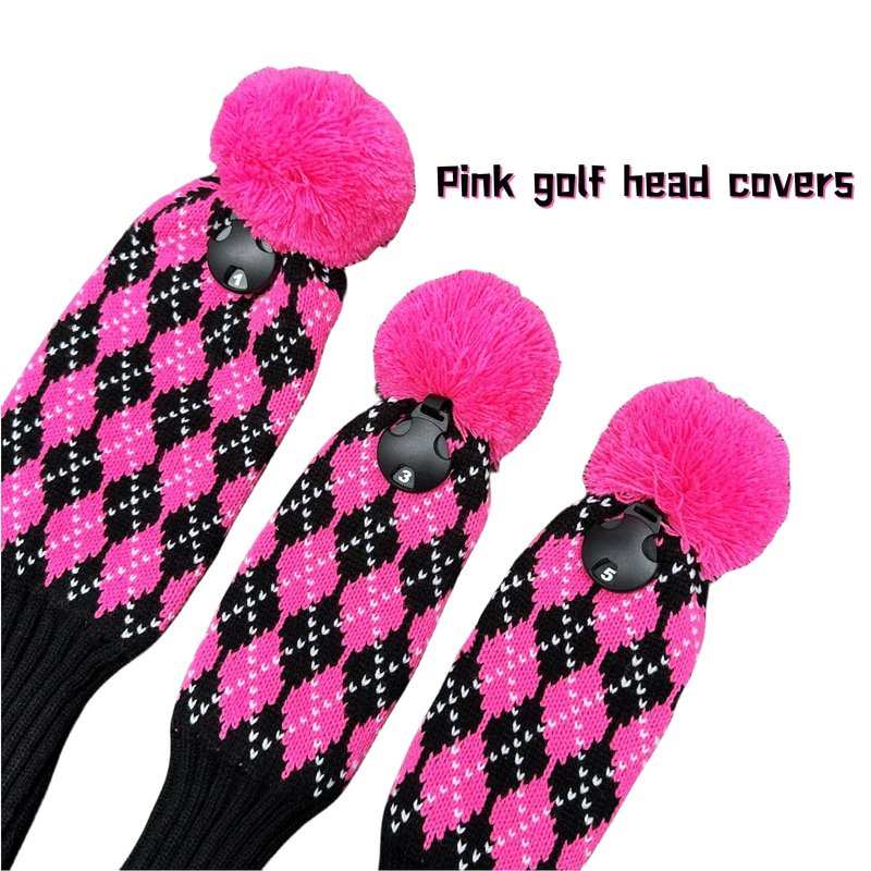 3pcs Knit Pink Golf Club Head Covers, Golf Driver 3 5 Fairway Woods Covers, Pom Pom Golf Wood Headcovers Covers for Driver, 3 5 Woods Women